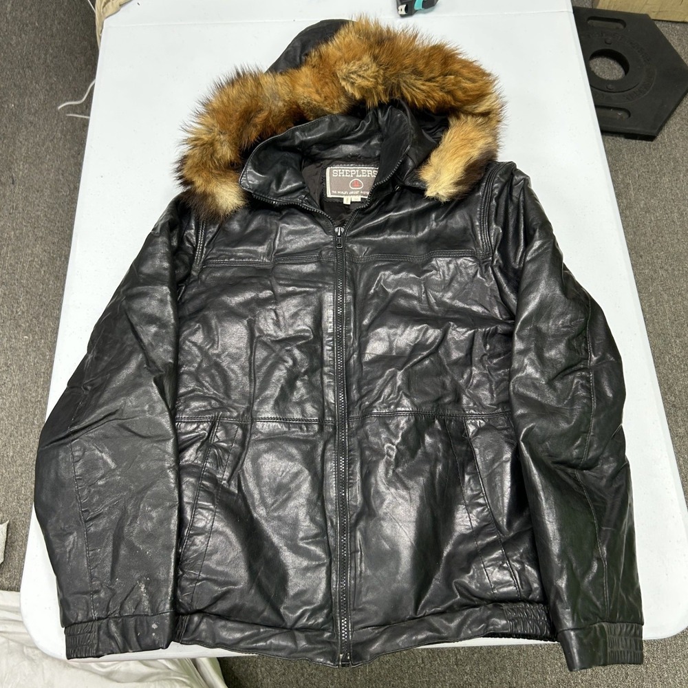 Sheplers Leather Parka Jacket Mens 36 Black Faux Fur Hood Western Vintage